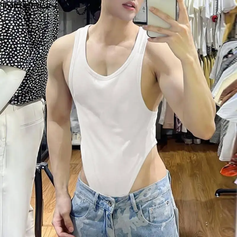 Men Bodysuits Pajamas Solid Color O-neck Sleeveless Sexy Fitness Rompers Streetwewar Tank Tops S-5XL