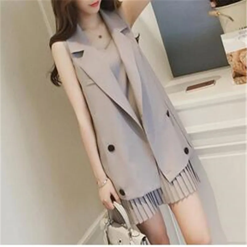 Spring Summer 2024 Medium Long Suit Vest Coat+pleated Suspender Dress Fashion Suit Women's Leisure Two-piece Set Two Piece Dress
