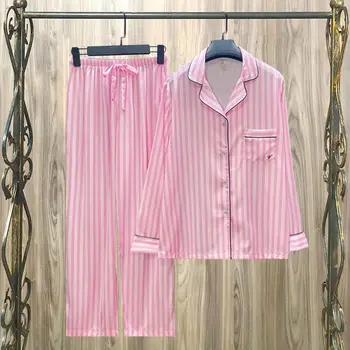 Women Striped Satin Pajama Set Autumn Cardigan Long Sleeve Pants Loose Casual Wear Fashion Classic Pink sleepcoat Two Piece Set 1