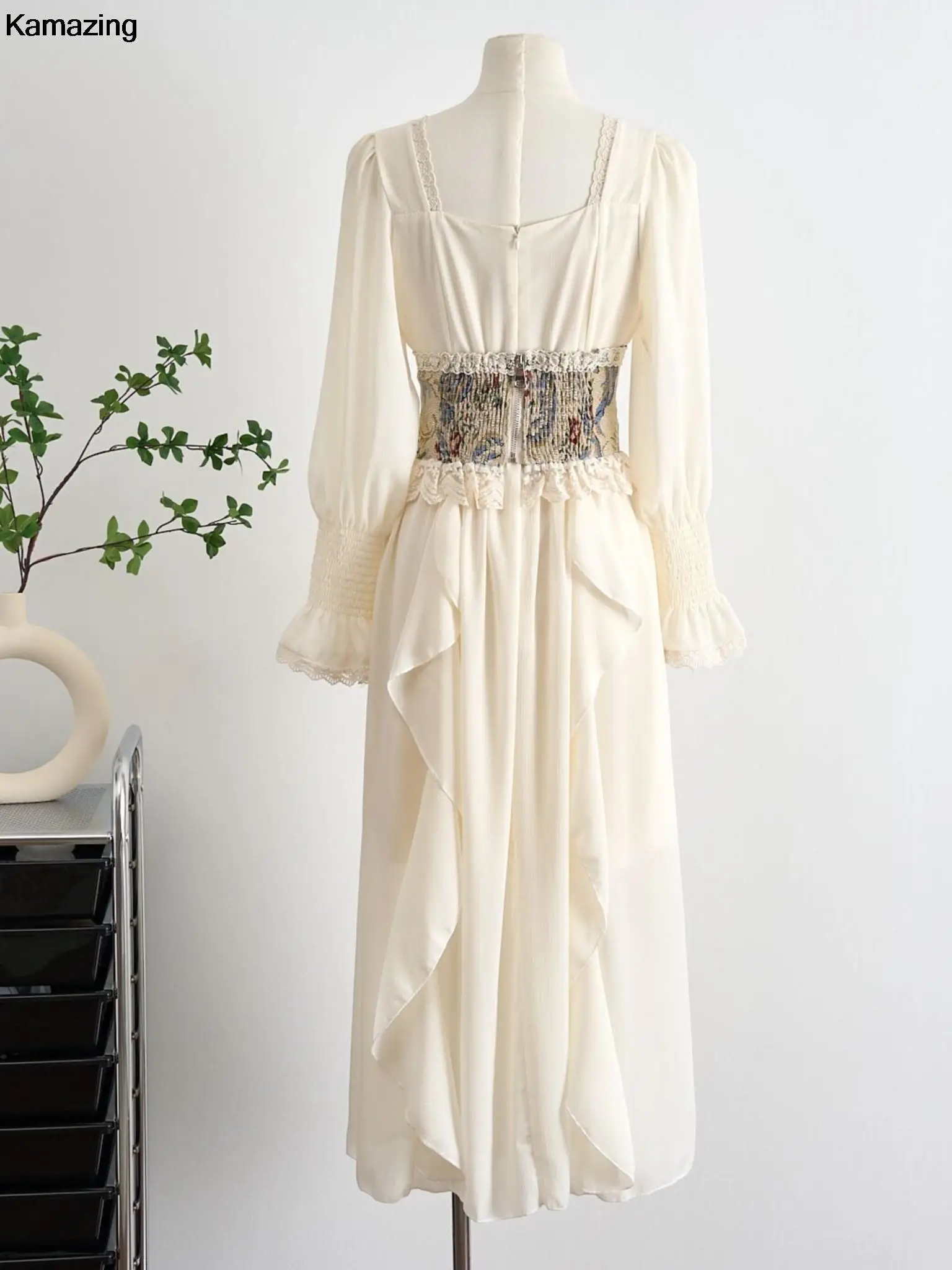 Women Vintage European Corset Midi Dress French Elegant Square