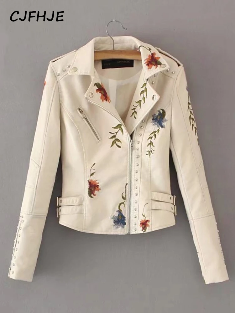 

CJFHJE New PU Leather Embroidered Rivet Coat Women Korean Fashion Streetwear Zipper Overcoat Women's Jackets Spring Clothes