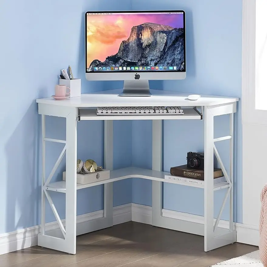 

Corner Computer Desk Writing Smooth Keyboard Tray & Storage Shelves,Compact Home Office Triangle Table, White
