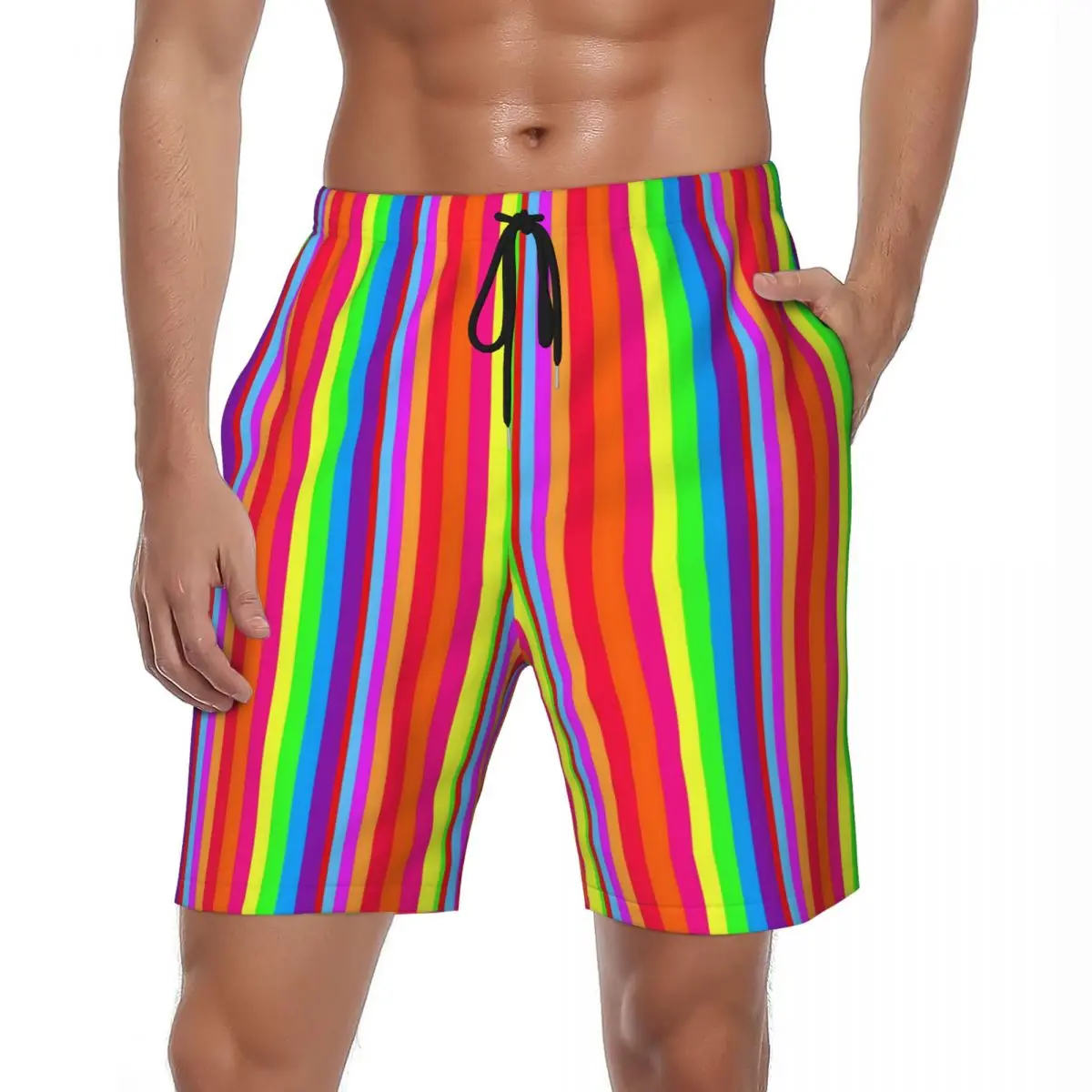 

Rainbow Striped Board Shorts Summer Colorful Line Print Running Beach Shorts Men Comfortable Fashion Design Oversize Swim Trunks