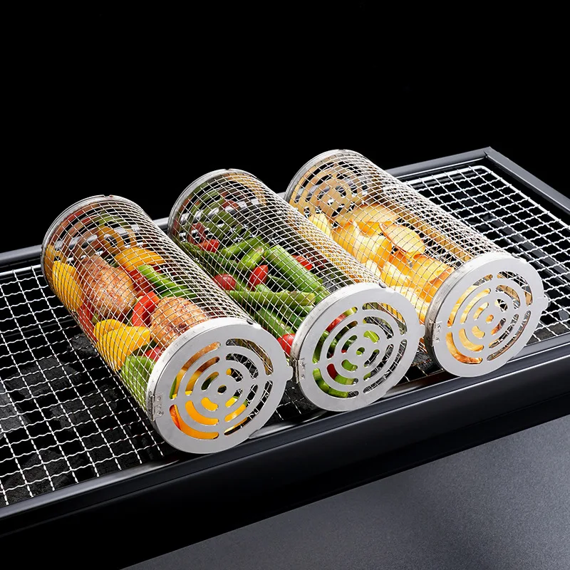 

Round Barbecue Cage Net Stainless Steel BBQ Rack Rolling Grill Basket with Anti Scalding Hook Loop Baking Fork kitchen Tool