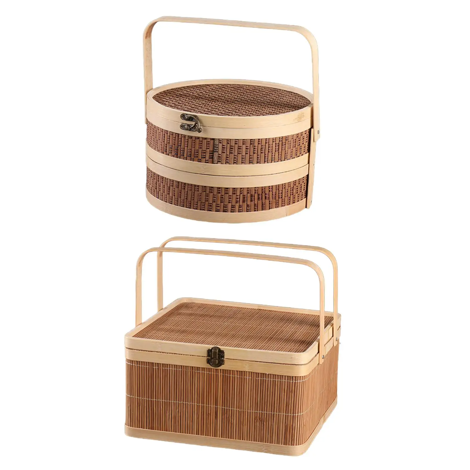 Bamboo Basket Serving Bread with Top Handle Cake Snacks Mooncake Gift Packing Basket Portable Organizer Food Bamboo Woven Basket