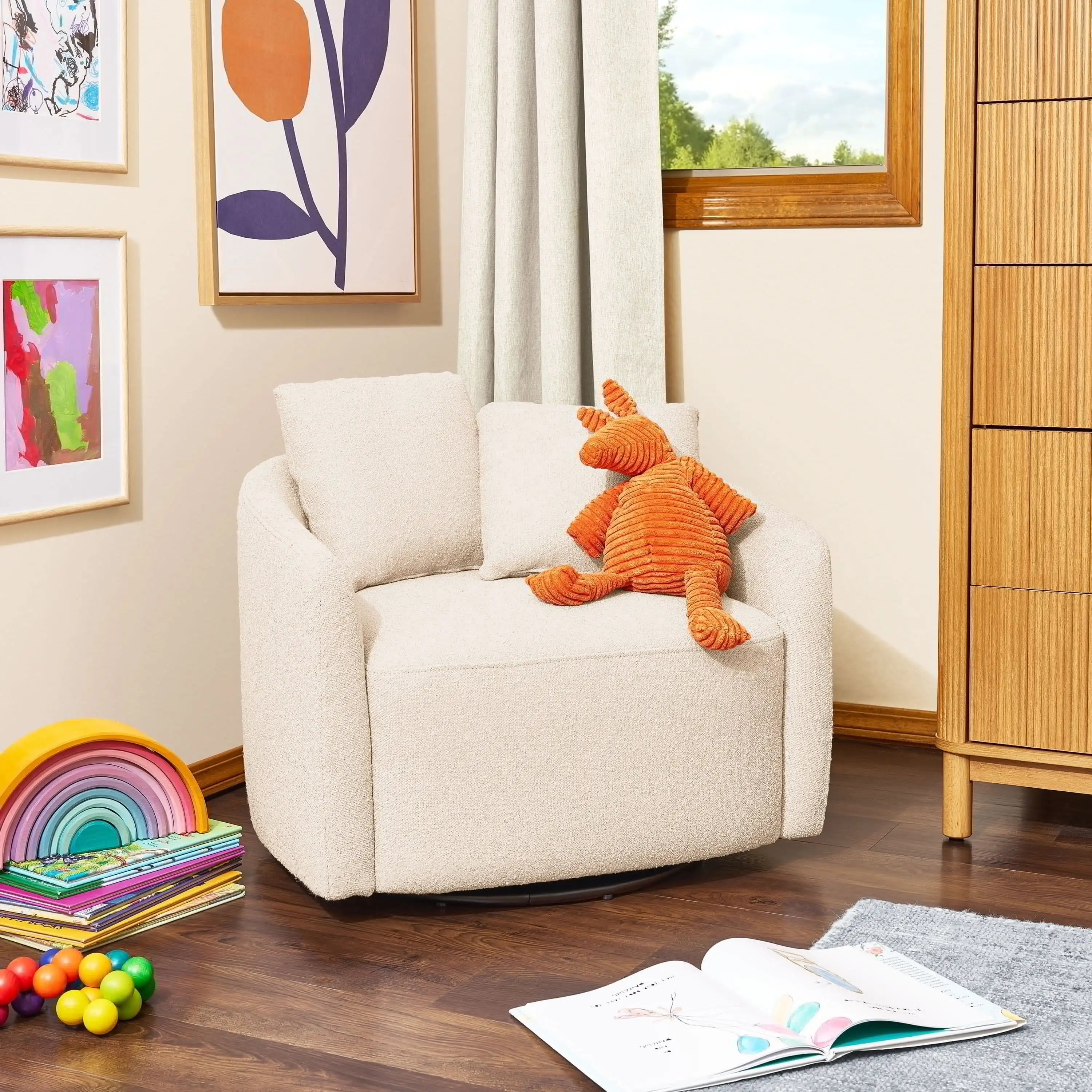 Drew Kids Accent Chair Cream Boucle with Pillows