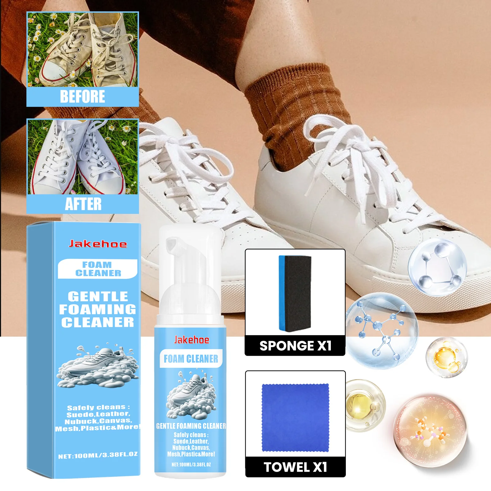 Foam Sneaker Cleaner Waterless Yellow Stain & Oxidization Remover for White Shoes No Scrub Quick-Dry Portable Spray