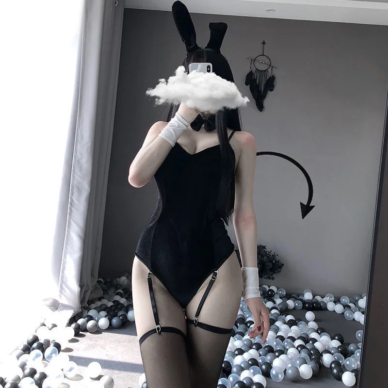 Japanese Women Naughty Pink Bar Bunny Girl Cosplay Kawaii One Piece Velvet Bodysuit Set Female Rabbit Costume Jumpsuit Baby Doll women cosplay costume