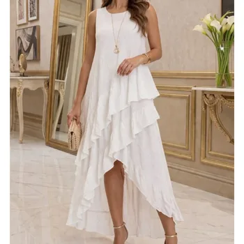 Ruffled Irregular Resort Style Dress Lady New Round Neck Sleeveless Dress Summer Elegant Casual Fashion V Neck Loose Maxi Dress 1