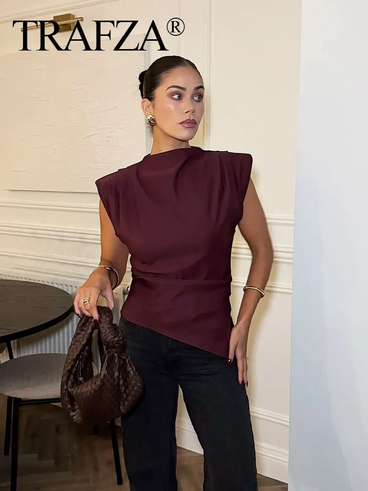 HH Women Vintage Solid Pleated Tank Tops Irregular Hem Sleeveless Tops Summer Fashion Lady High Street T-Shirt Chic Tops