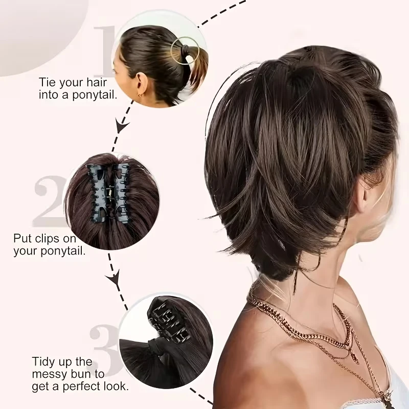 Extension per capelli sintetici a coda di cavallo corta e liscia, chignon disordinato con clip a griffe per donna, uso quotidiano - immagine 5