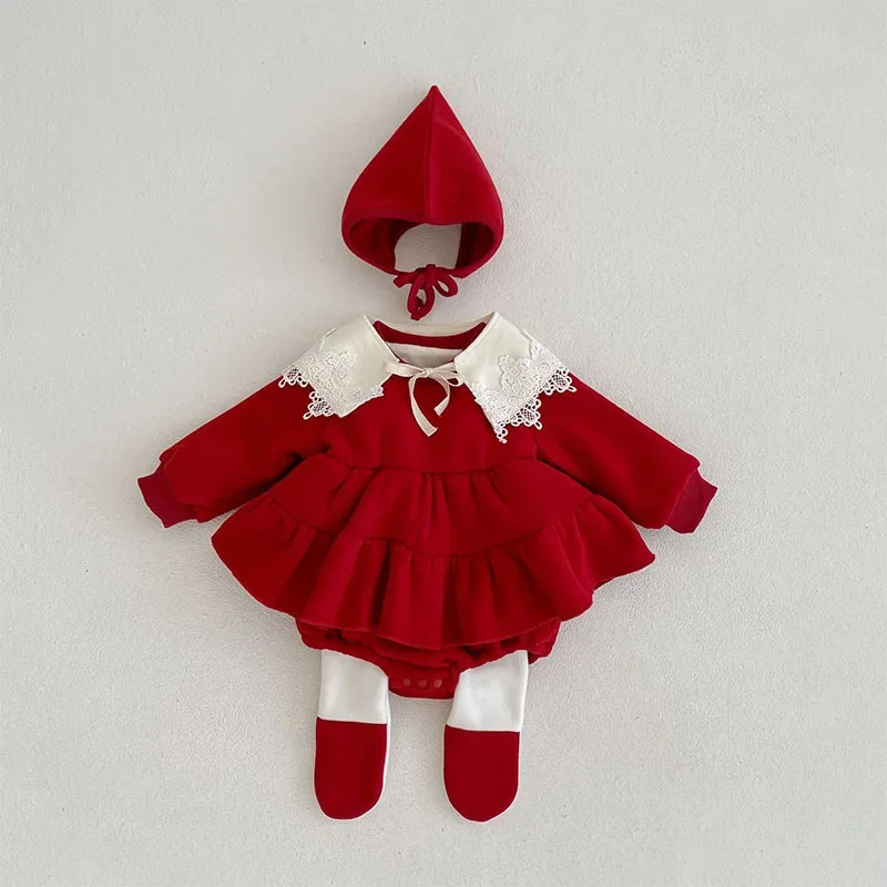 소녀 겨울 플러시 및 두꺼운 백일 가방 방귀 옷  첫 해 생일 스웨터 드레스 유..