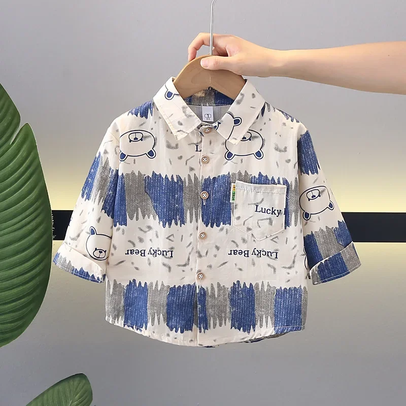Spring Autumn Boys' Shirt A- Class Cotton Breathable Casual Long Sleeve Collar Open Cardigan Children's Clothing