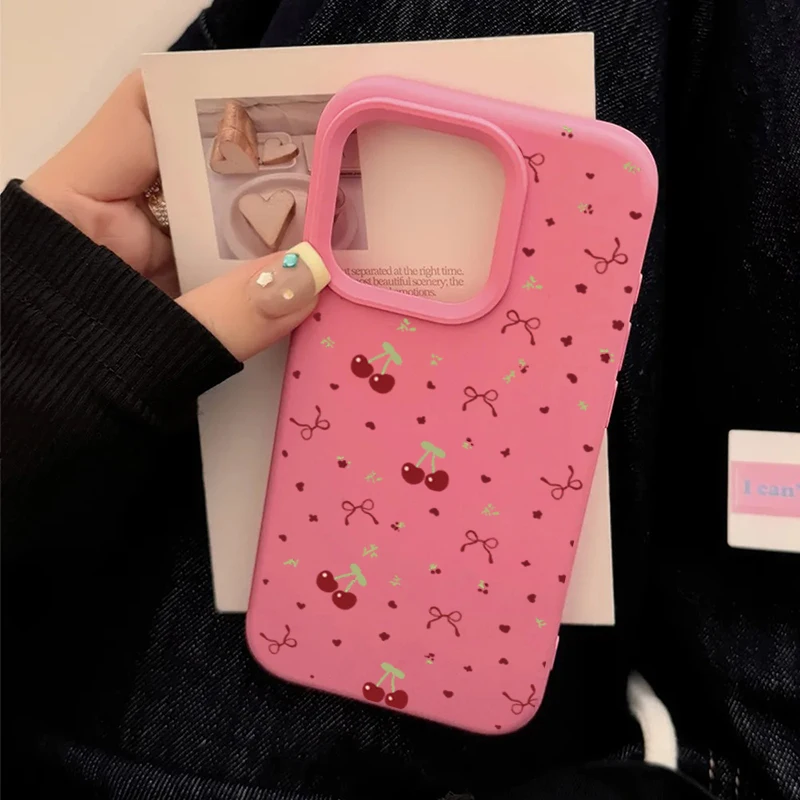 Cherry Silicone Shockproof Soft Leather Phone Case with Cute Heart and Bow Design