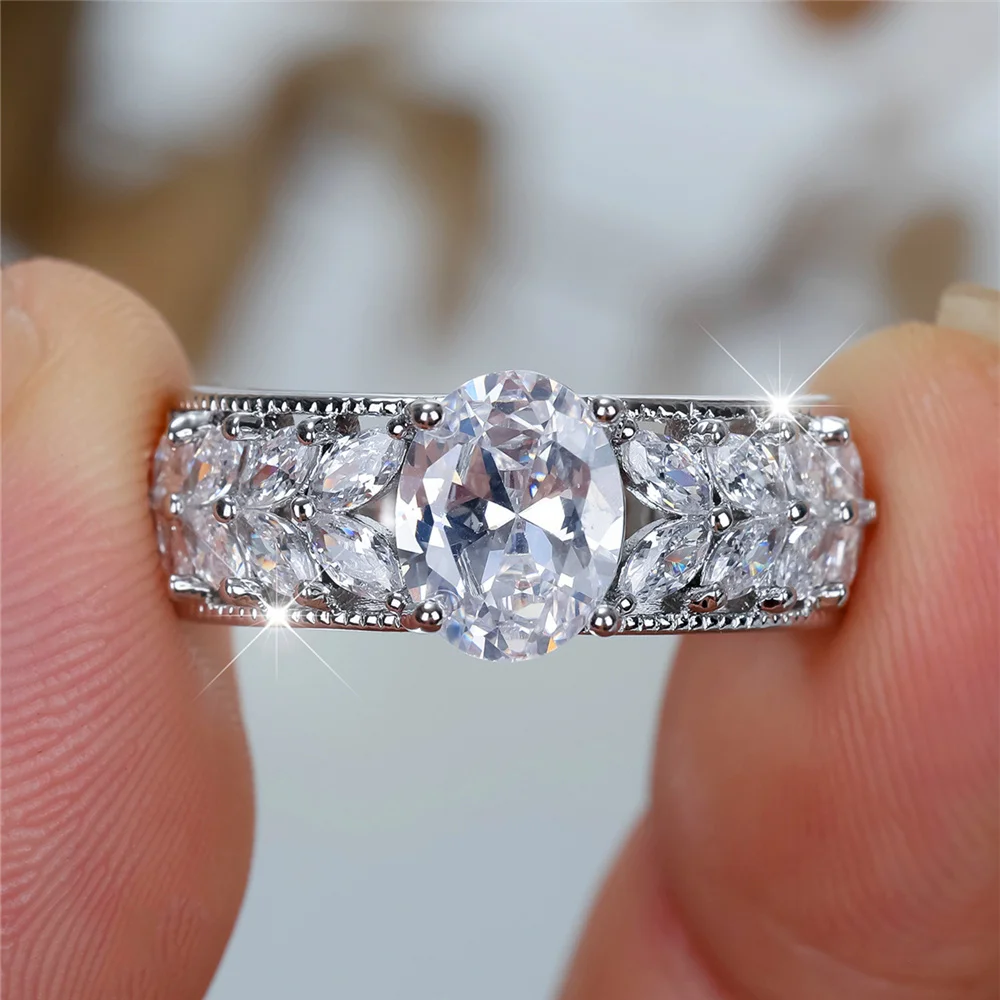 Charm Female White Stone Oval Ring Silver Color Cute Gift Wedding Jewelry For Women