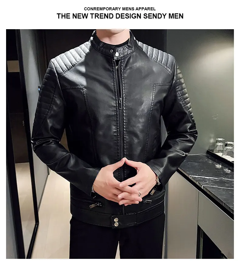Men Fur Lined Warm Motorcycle Jacket Slim Street Fashion BLack Biker Coat Pleated Design Zipper 2024 Winter Black Leather Jacket