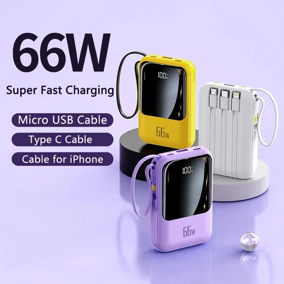 

20000mAh Mobile Power Supply With Built-In Cable 66W Super Fast Charging Power Bank Waterproof Portable Mobile Phone Accessories