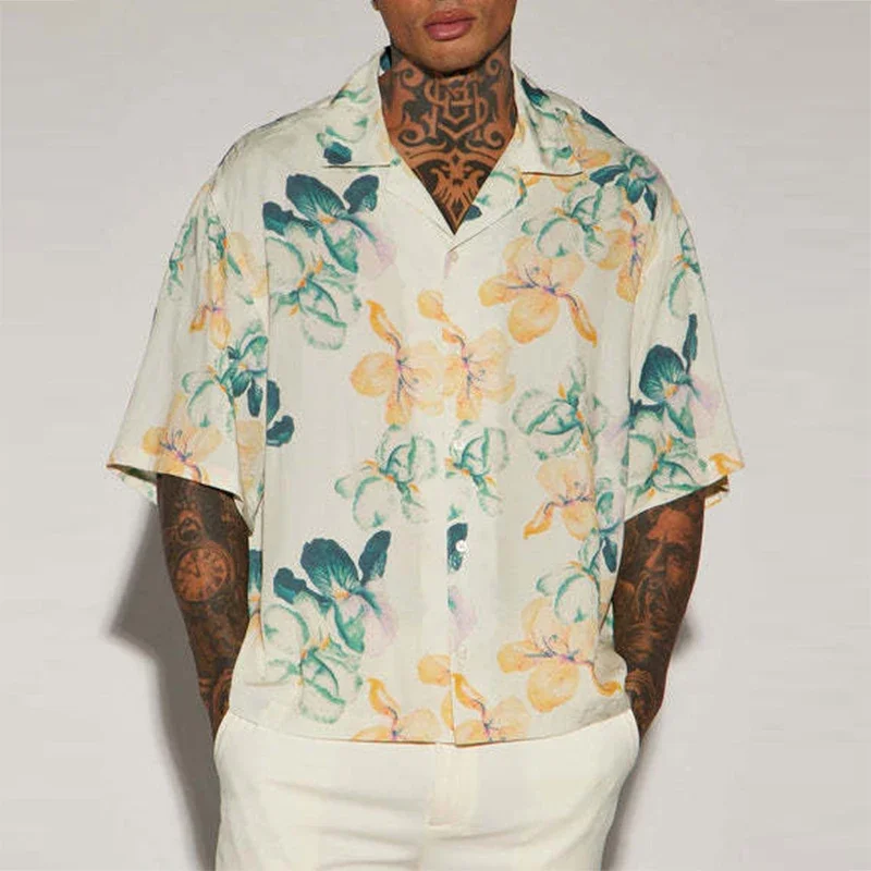

Beach Casual Loose Mens Shirts Oversize Short Sleeve Buttoned Lapel Vintage Shirt Summer Florals Printed Mens Shirt Cardigans