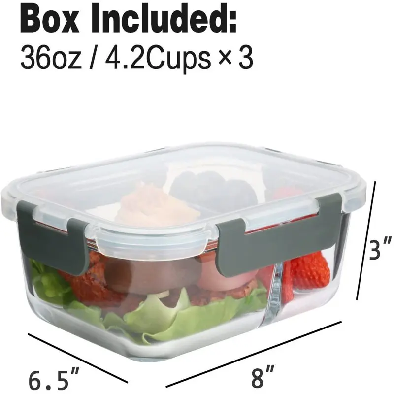 5-Pack 36 oz, Glass Meal Prep Containers 2 Compartments, Portion Control Airtight Glass Food Storage Containers with Locking Lids, Microwave, Oven