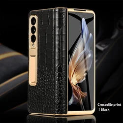 Elegant Leather Phone Case with Gold Plating and Magnetic Hinge Stand, Includes Mirror Film for Galaxy Z Fold8 Ultra (Crocodile grain 1)