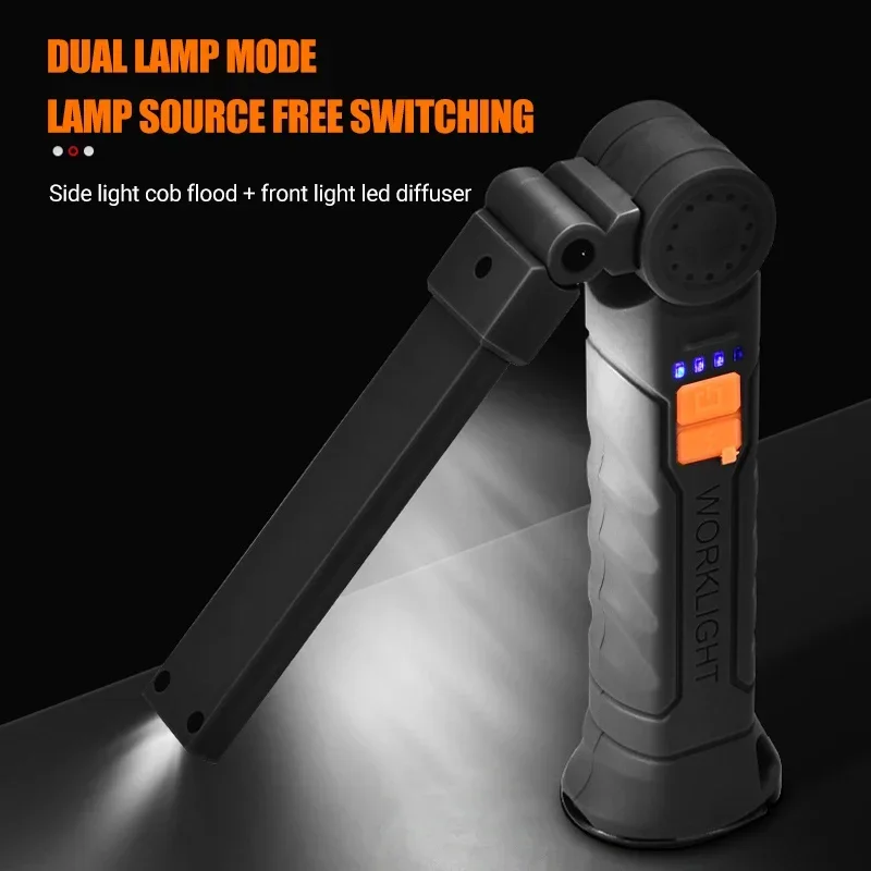 Portable COB LED Work Light - USB Rechargeable Magnetic Base Flashlight with Hanging Hook, Camping & Emergency Torch (800mAh)