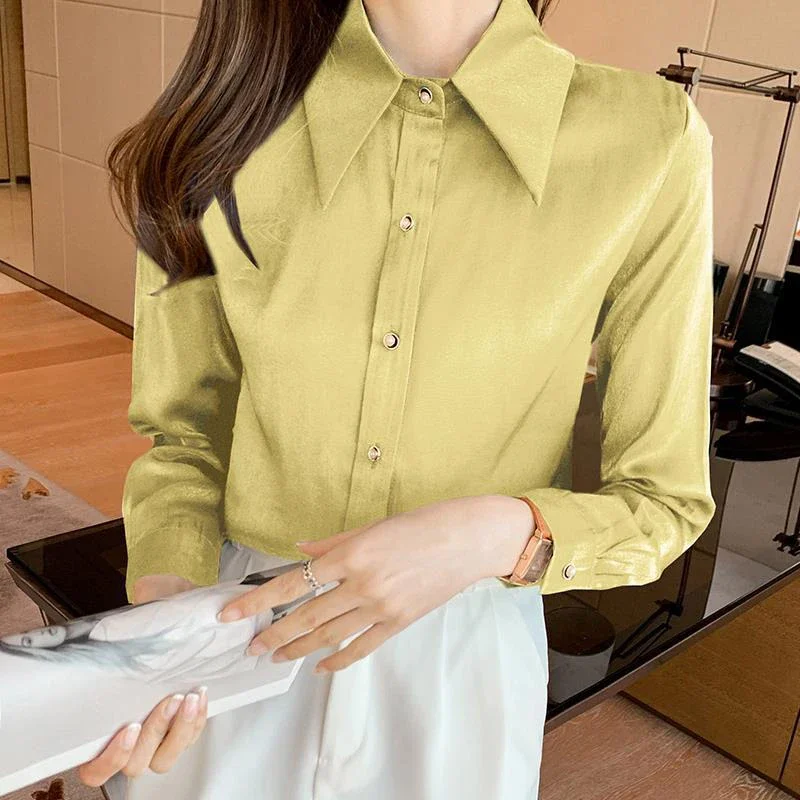 Spring Autumn Office Lady Elegant Fashion Polo-neck Chiffon Shirt Solid Long Sleeve All-match Bottomed Blouse Top Women Cardigan