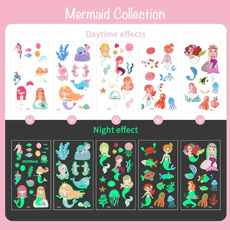 15 Sheets Carton Lumious Tatoo Kids Play Temporary Tatoo Sticker for Childrens Body Art Mermaid Sticker Glow Paste on Face Arm 3