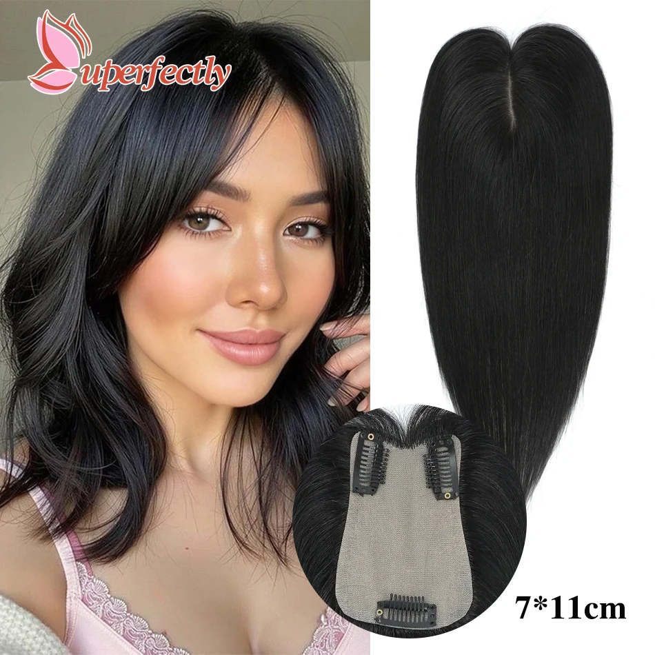 Silk Base 7x11CM Human Hair Toppers for Women with Thinning Hair 100% Real Human Hair Clip-In Top Wiglet Hairpieces 1