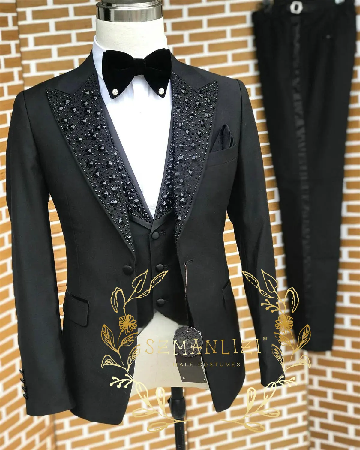 Abiti da uomo neri Smoking di cristallo di pietra di lusso Abiti da sposo su misura 3 pezzi Blazer da ballo maschile da lavoro Slim Fit Custome Homme - immagine 2