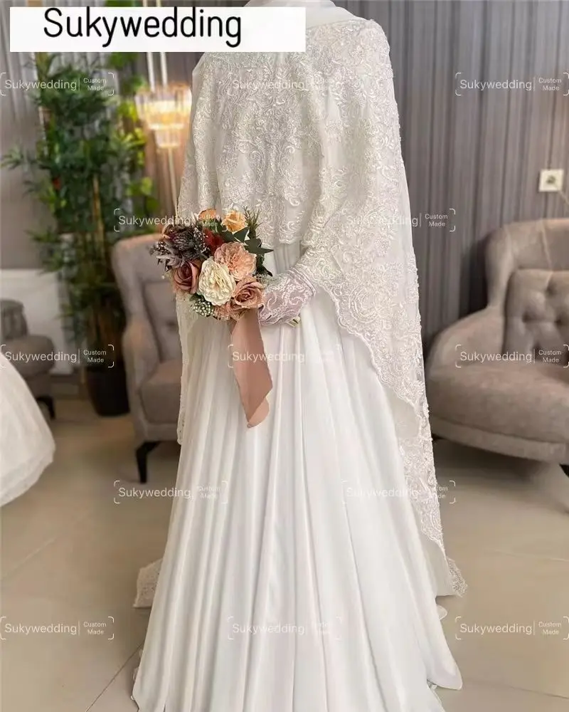 Fashion Muslim Hijab Wedding Dress with Lace Cape Long Sleeve Chiffon Appliques Arabic Dubai Bride Gown Vestidos Customized 2