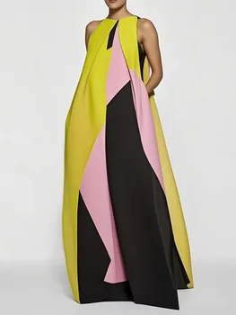 Yeezzi 2025 New Summer Vacation A-line Dress For Women Fashion Color-Block Pleated O-Neck Casual Weekend Going Out Maxi Dresses 1