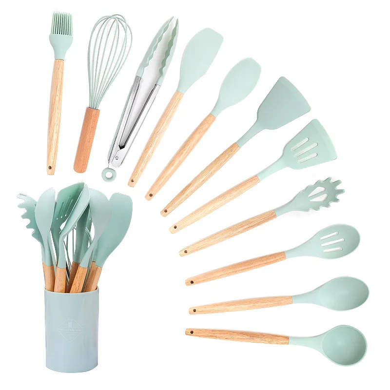 

12-piece Set Wooden Handle Silicone Kitchen Utensils Silicone Kitchen Utensils Non-stick Pan Cooking Spatula Baking Storage Tool