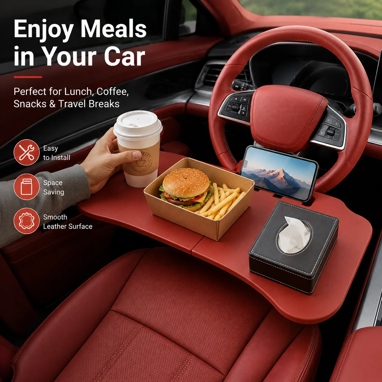 Tavolino Pieghevole per Auto Tesla Model Y, Scrivania per Volante, Vassoio per Laptop e Cibo, Accessorio Interno per Sedile Conducente e Passeggero - immagine 5