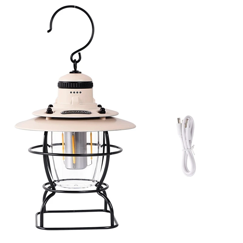 

Hot XD-Portable Retro Camping Lantern Rechargeable Metal Handle Flashlight Vintage Warm White Light Hanging Tent Light