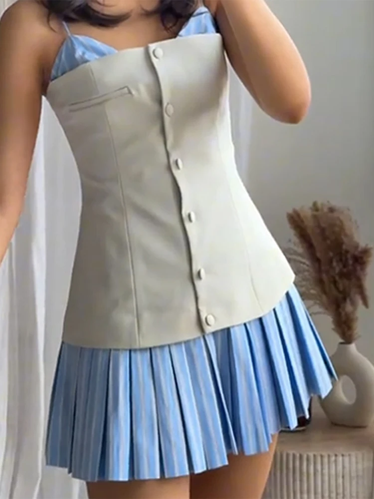 Patchwork Pleated Mini Dress Women Sexy Slim Sleeveless Contrast Female Short Dresses 2025 Summer Y2k Street Lady Sling Vestidos 6