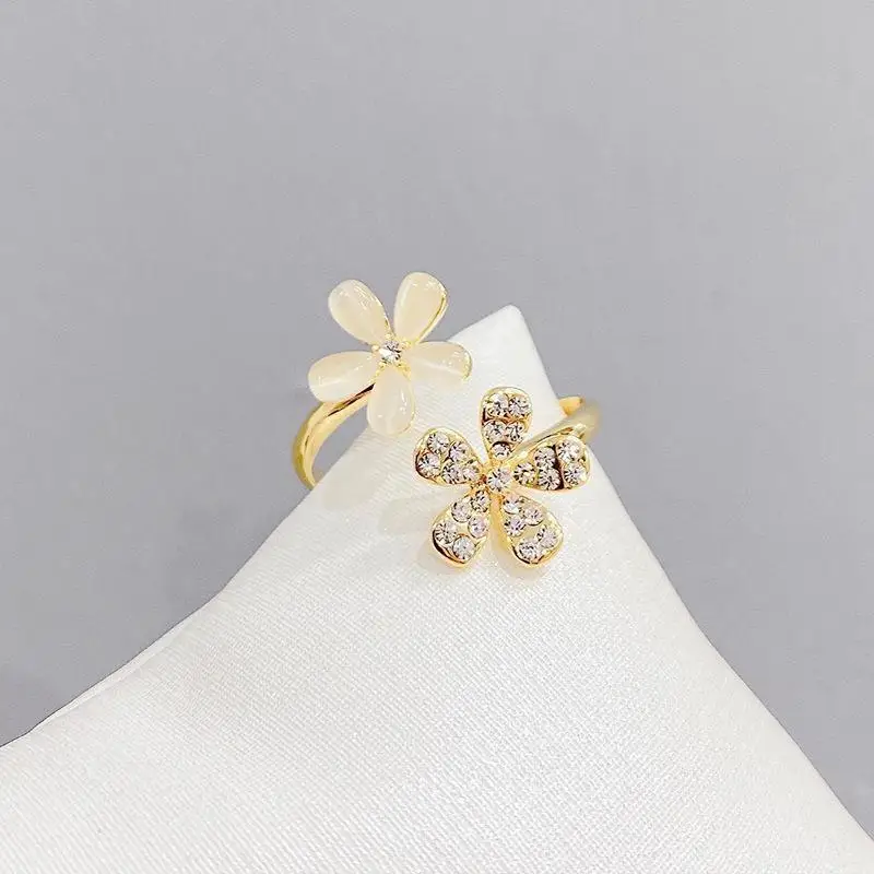 Korean Version Cat Eye Stone Flower Rhinestone Ring Adjustable Daisy Flower Opening Ring Women's Fashion Rhinestone Jewelry Ring