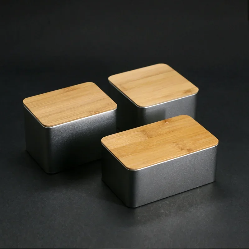 1pcs Square Metal Tea Packaging Box With Bamboo Lid Money Coin  Neatening Candy Key Silver Storage Empty Boxes Pill Organizer 4