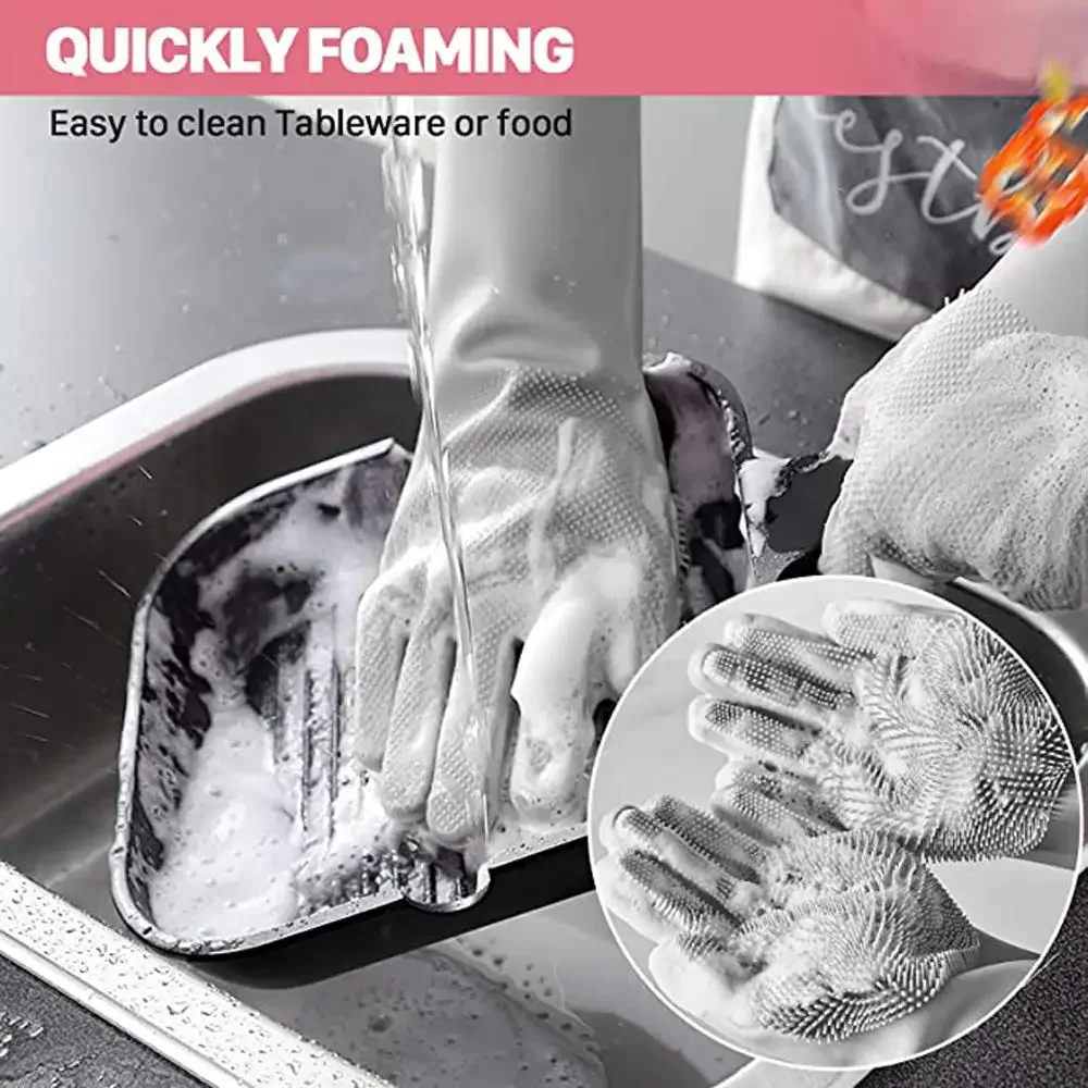 2Pcs Cleaning Gloves Silicone Rubber Dish Washing Glove Rubber Sponge Glove Household Scrubber Dishwashing Cleanner For Kitchen