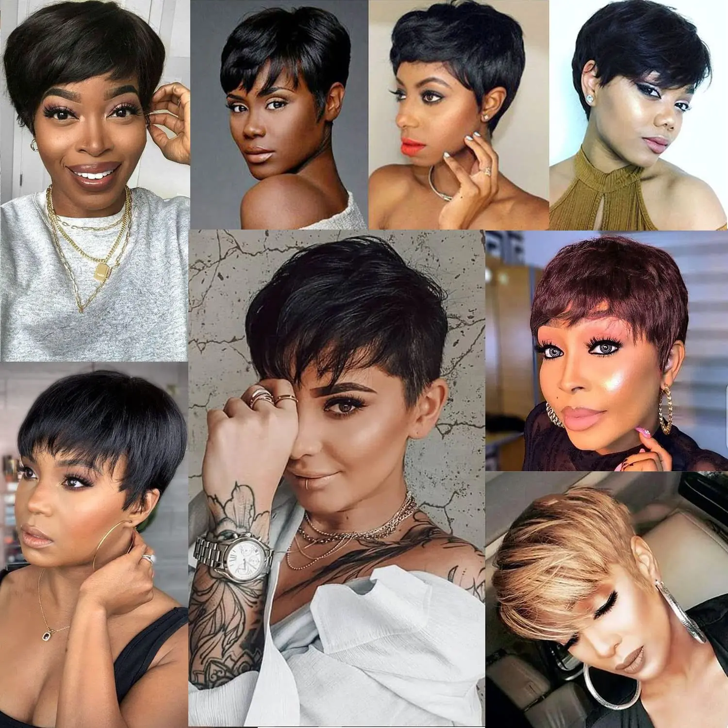 Human hair wigs Short Pixie Cut Wigs Full Machine Made Wig With Bangs Wavy Ready To Wear Wigs Straight Hair 100% Remy Human Hair For Women