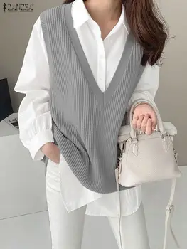 2025 ZANZEA Autumn Blouses Stylish Women Fake 2 Pieces Tops Elegant Lapel Neck Long Sleeve Office Shirt Patchwork Pullover Mujer
