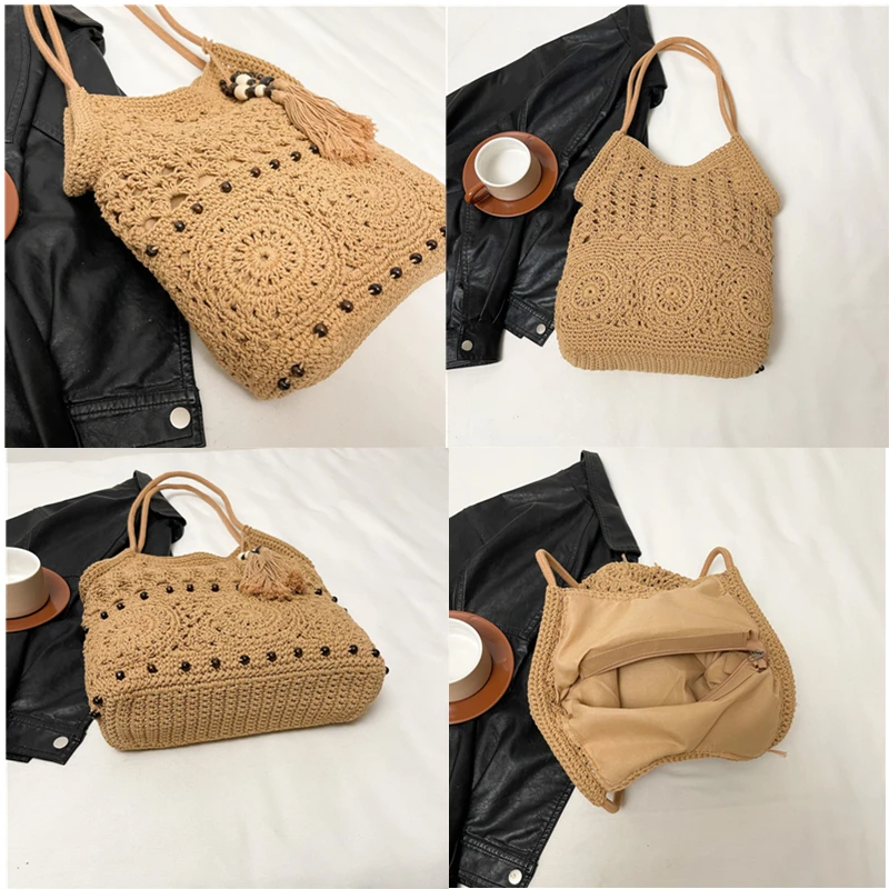Weave Handbag Large Capacity Shoulder Bag Hollow out Tote Bag Crochet Tote Bohemia Woven Women bags Knitted Shopping Bags - Image 4