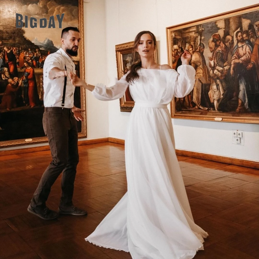 

Simple Wedding Dresses Woman A-Line Open Back Chiffon O-Neck Full Sleeves Bridal Gown Sweep Train Vestidos De Novia Custom Made