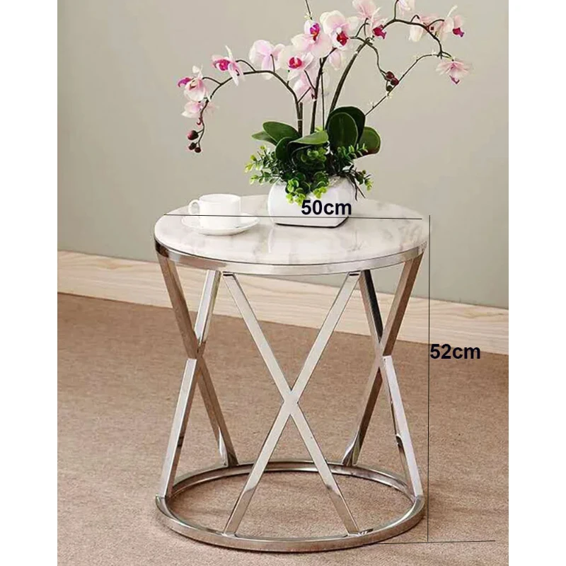 Stainless Steel Sofa Side Table Corner Table Small Apartment Living Room Round Coffee End Tempered Glass Marble Top