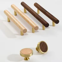 Nouvelles poignées de porte d'armoire en laiton massif et bois de noyer, accessoires de cuisine en bois de hêtre, boutons de tiroir de garde-robe, poignées de meubles 4