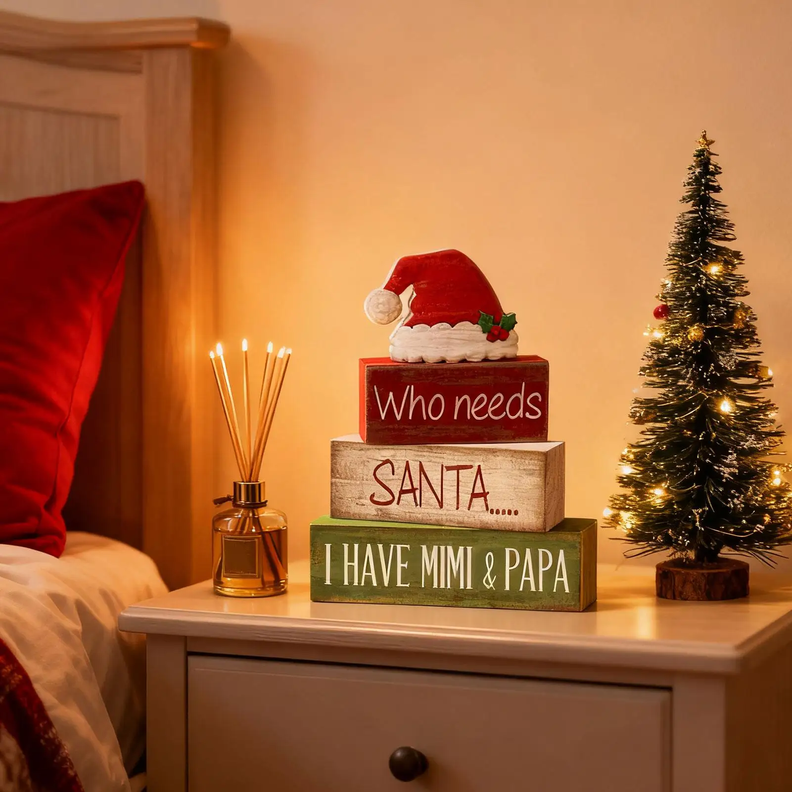 Christmas Tray Decor 4 Pieces Wooden Santa Hat Rustic Winter Tiered Tray Christmas Signs For Shelf Kitchen Bedroom Living Room