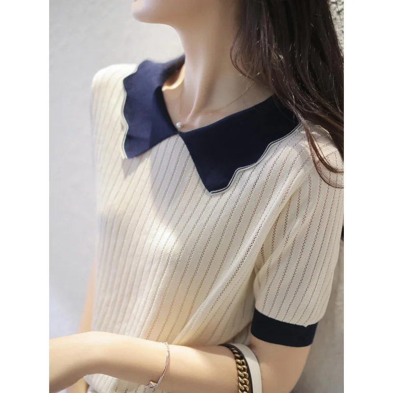 

Women's Fashion Summer Ice Silk Knit T-Shirt Female Peter Pan Collar Bottoming Shirt Short Sleeves Knitted T-shirt G106