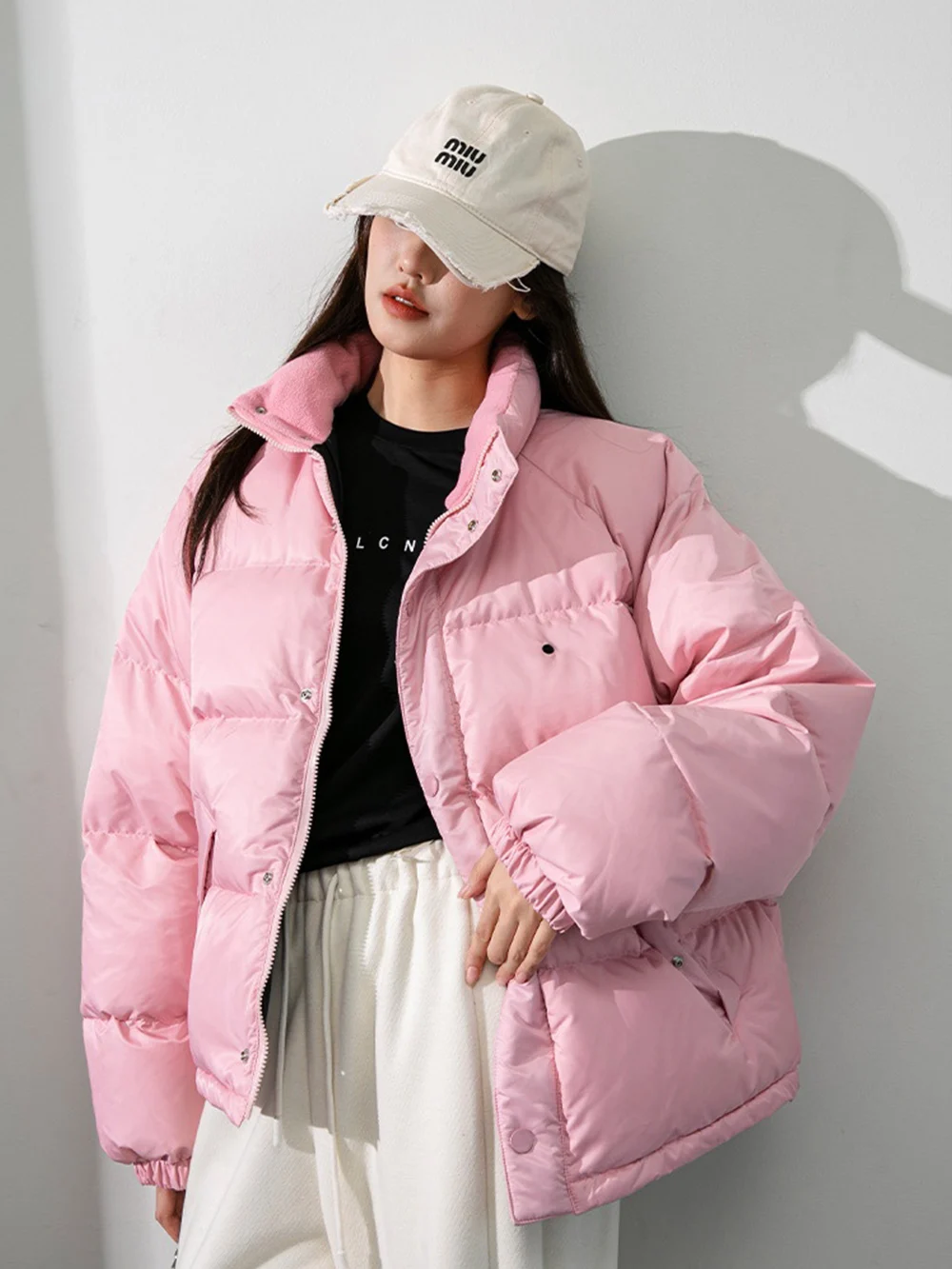 Women Down Jacket, Stand Collar Hoodless Long-Sleeve Duck Down Coat Lady, Casual Warm Streetwear Clothing, Black/Pink, Winter winter gentle bread clothing women down cotton coat female korean version casual stand collar plus velvet warm jacket jd2268