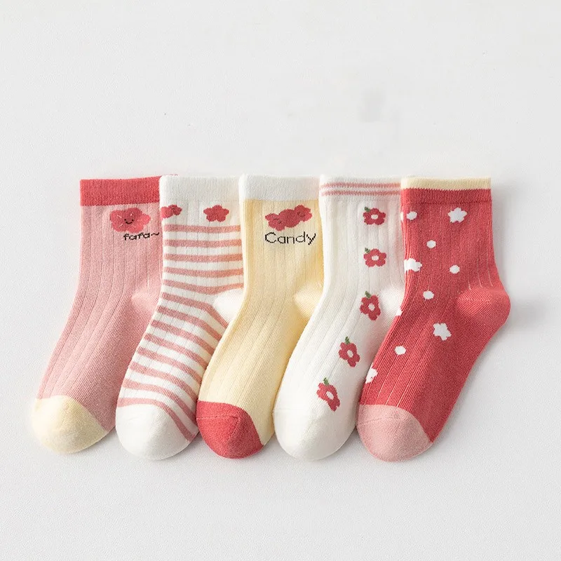 5 Pairs/Lot Kids Soft Cotton Socks Korean Love Heart Flower Print Baby Girl Socks Autumn Winter Warm Children Middle Tube Socks 3