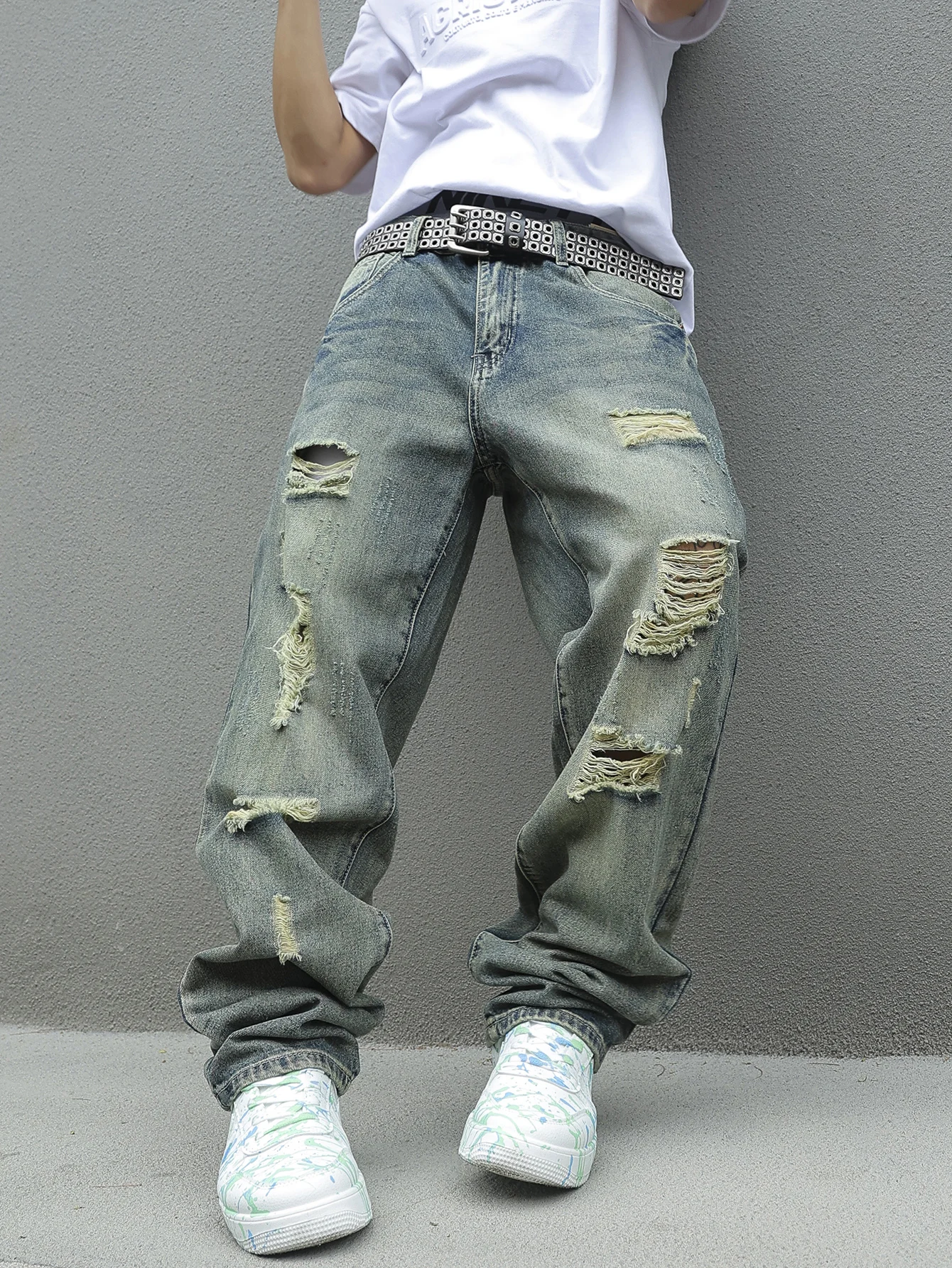 Y2K Distressed Skinny Jeans for Men Ripped Vintage High-Waisted