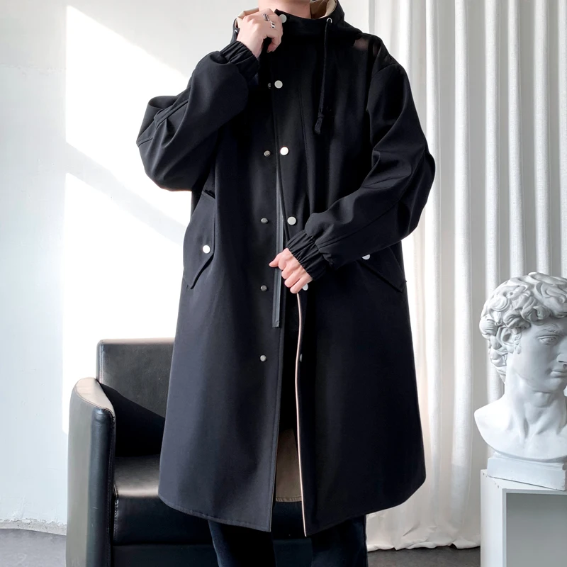 Trench Men Fashion Turn Down Collar Hooded Trenchcoat Autumn Single-breasted Loose Windbreaker Casual Overcoat Fake Two Piece trench coat warmth coat waterproof windbreaker jacket casual men jacket